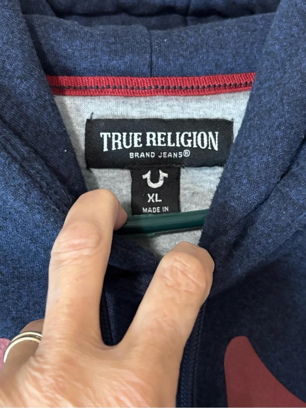 True Religion Navy Blue Hoodie with Red Graphic Logo Sz XL EUC